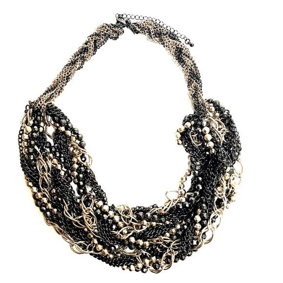 Vintage Black Gold Statement Necklace Multi-Strand Beaded Chain 20" - Picture 1 of 5